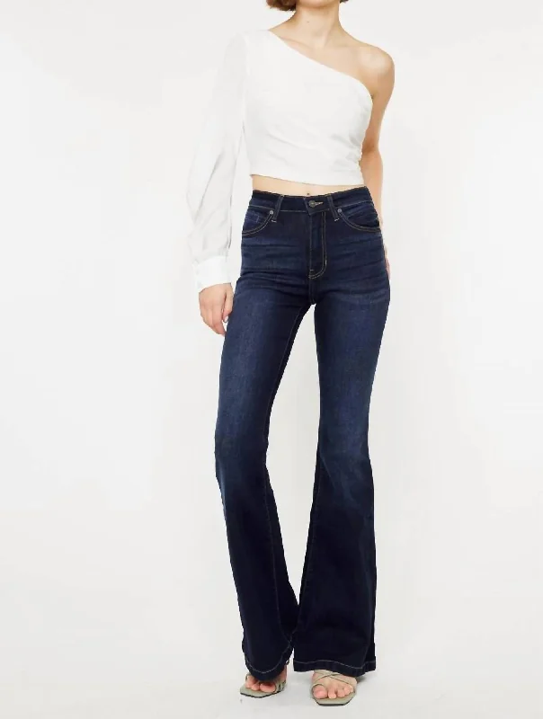 High Rise Super Flare Dark Jeans In Dark Wash Comfortable Distressed Straight-Leg Jeans