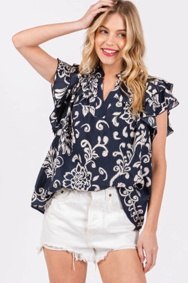 Navy Floral Ruffled V-Neck Blouse Floral Chiffon Blouse