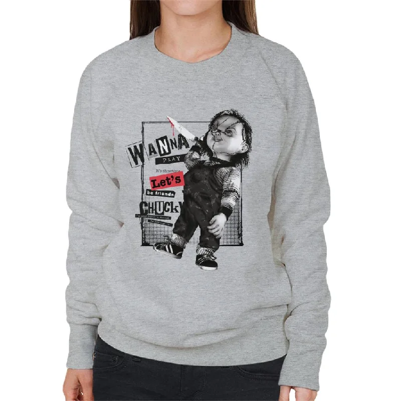 Chucky Wanna Play Its Showtime Lets Be Friends Women's Sweatshirt Hoodie with Back Slit Movement Comfort