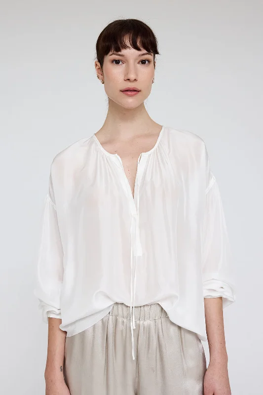 Silk Washed White Poet Blouse Pleated Collar Blouse