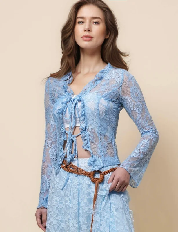 Floral Lace See Sheer String Tie Blouse Top SKT41216 Collared Satin Blouse