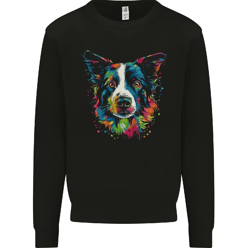 A Colourful Border Collie Dog Mens Sweatshirt Jumper Hoodie with Hem Drawcord Adjustable Customizable