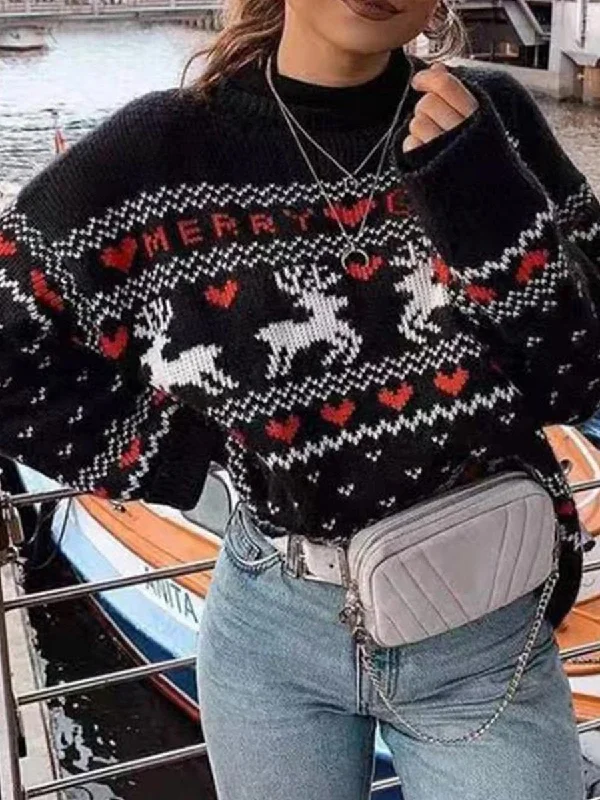 Christmas Elk Print Knit Sweater Terry Blend Velvet Blend Canvas Blend