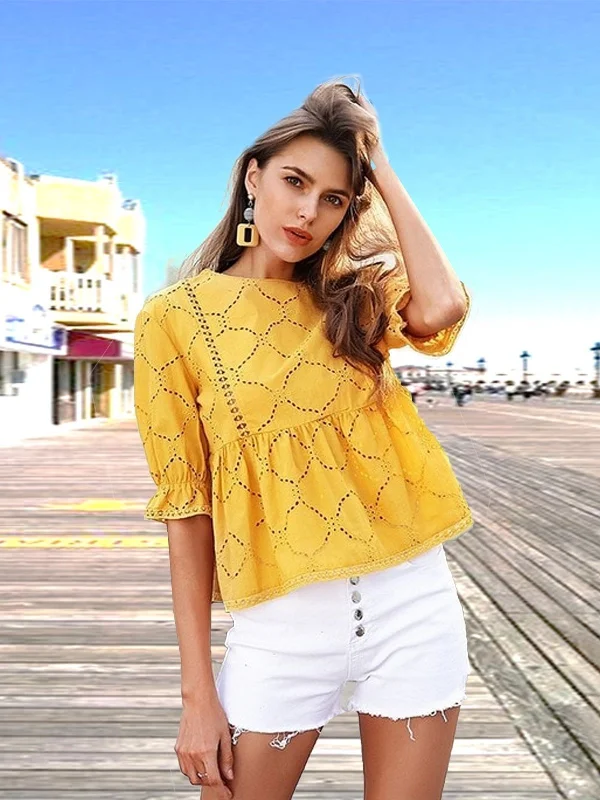 Women Cotton embroidery Hollow Out  summer blouse High Neck Blouse