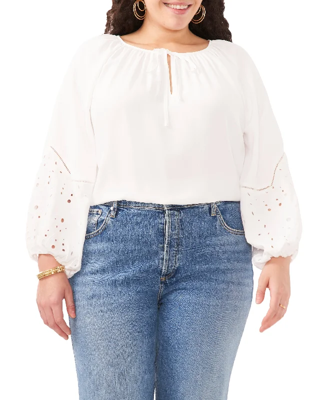 Plus-Size Embroidered-Sleeve Split Neck Blouse Elegant Peplum Blouse