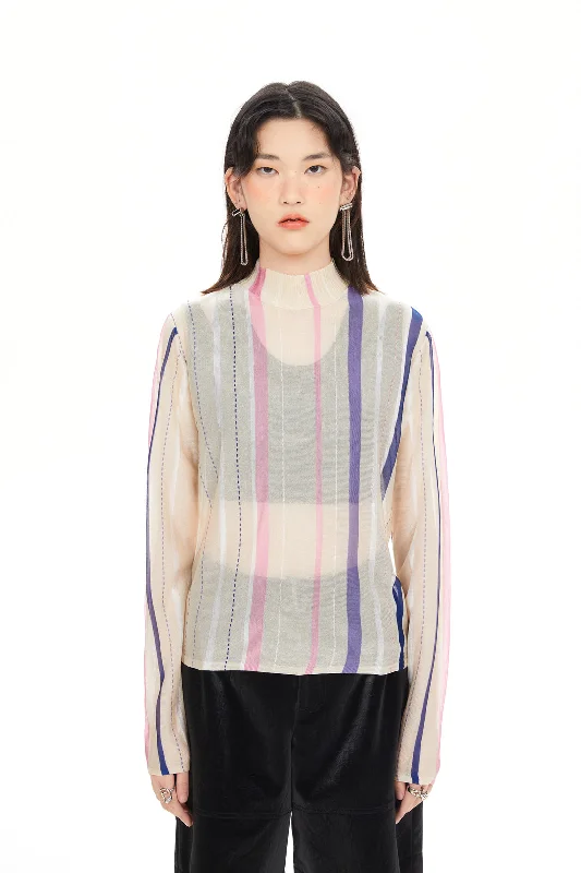 Colour Stripes Sheer Sweater Cable Knit Ribbed Knit Lace Knit