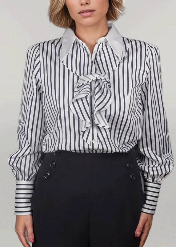 BELLE AMOUR - Striped Blouse With Jabot Collar by Ma Reine | 100% Cotton Satin (WHITE / NAVY) Backless Summer Blouse