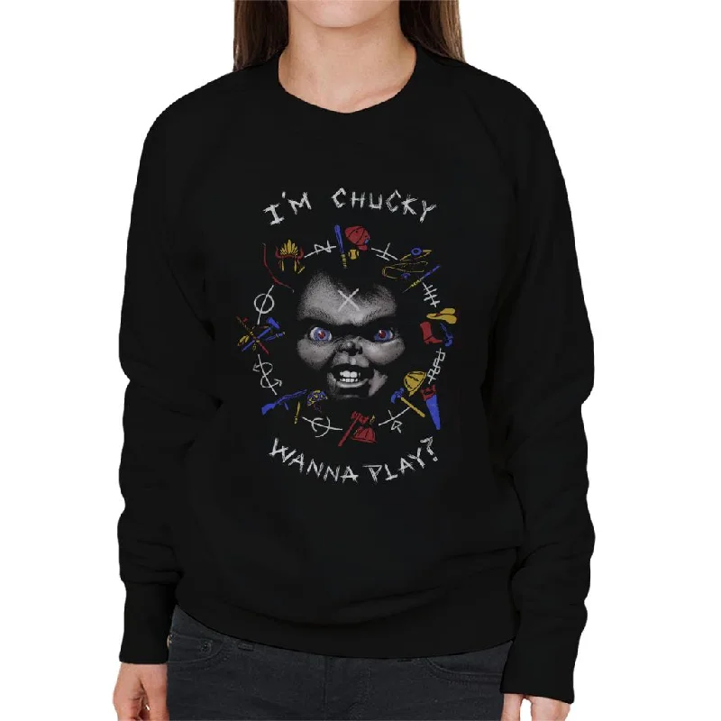 Chucky Im Chucky Wanna Play Quote Women's Sweatshirt Hoodie with Mock Neck Collared Structured