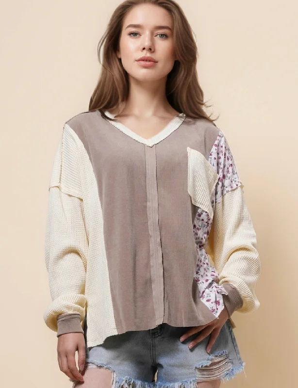 Ladies Waffle Floral Splice Long Sleeves Blouse SKT41145 Elegant Embroidery Blouse