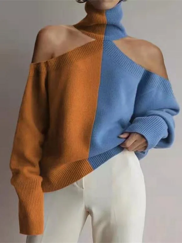 Fashion High Collar Off Shoulder Color Block Sweater Jersey Fabric Tulle Fabric Batik Fabric