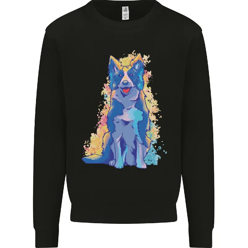 A Colourful Border Collie Dog Mens Sweatshirt Jumper Hoodie with Front Slit Layering Stylish