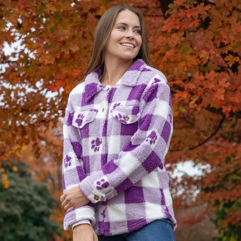 Purple Paws & Plaid Plush Sherpa Fleece Sweater Jacket Long Sweater Short Sweater Cropped Sweater