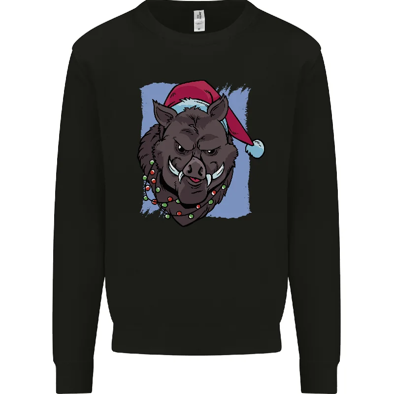 A Christmas Boar Wearing an Xmas Hat Pig Mens Sweatshirt Jumper Hoodie Jacket Zipper Layering