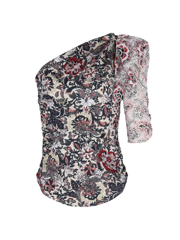 floral-print one-shoulder cotton blouse Backless Summer Blouse