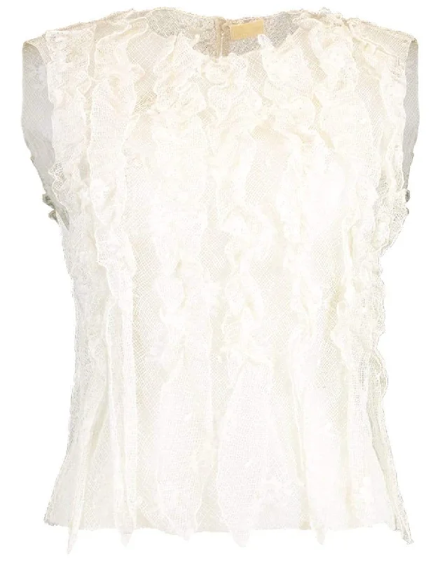 Sleeveless Lace Blouse with Front Ruffles Feminine Puff Blouse