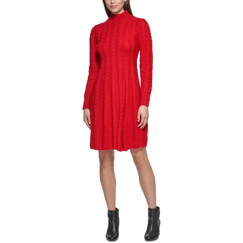 Petites Womens Knit Cable Knit Sweaterdress Front Pockets Side Pockets Patch Pockets