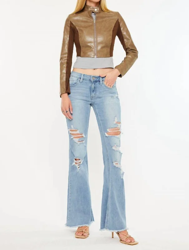 Mid-Rise Flare Jeans In Medium Wash Trendy Colored Denim Jeans