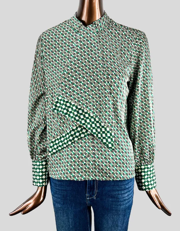 Zara Green Patterned Blouse with Tie - Small Modern Oversized Blouse