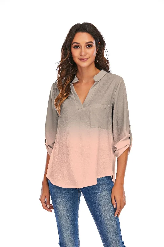 Print Gradient Blouses Women V-Neck Pockets Loose Shirts Semi-Sheer Blouse