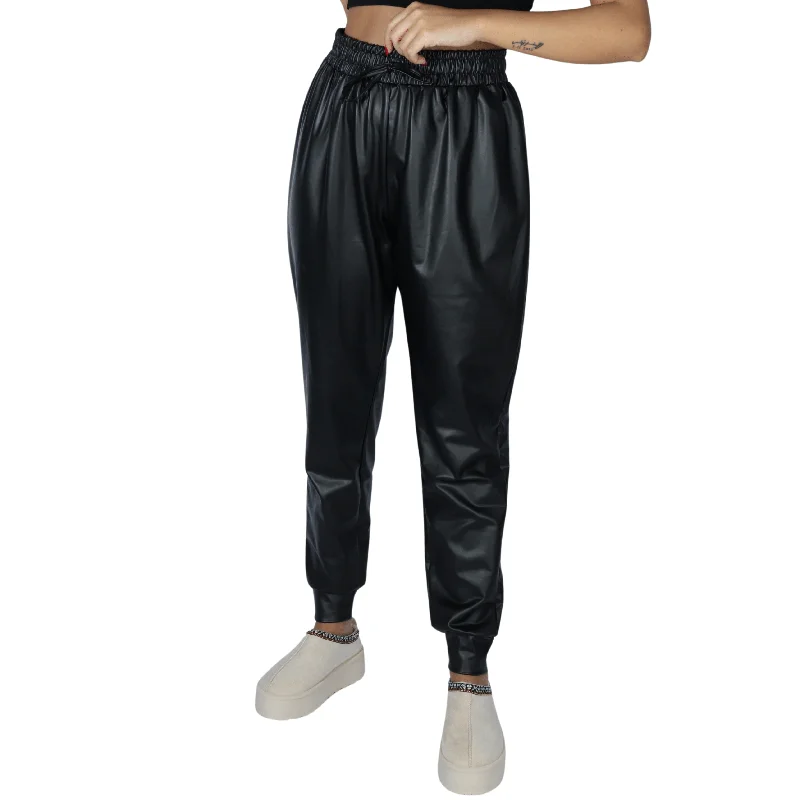 NO COMMENT - Faux leather drawstring pants Cozy Full-Length Pants