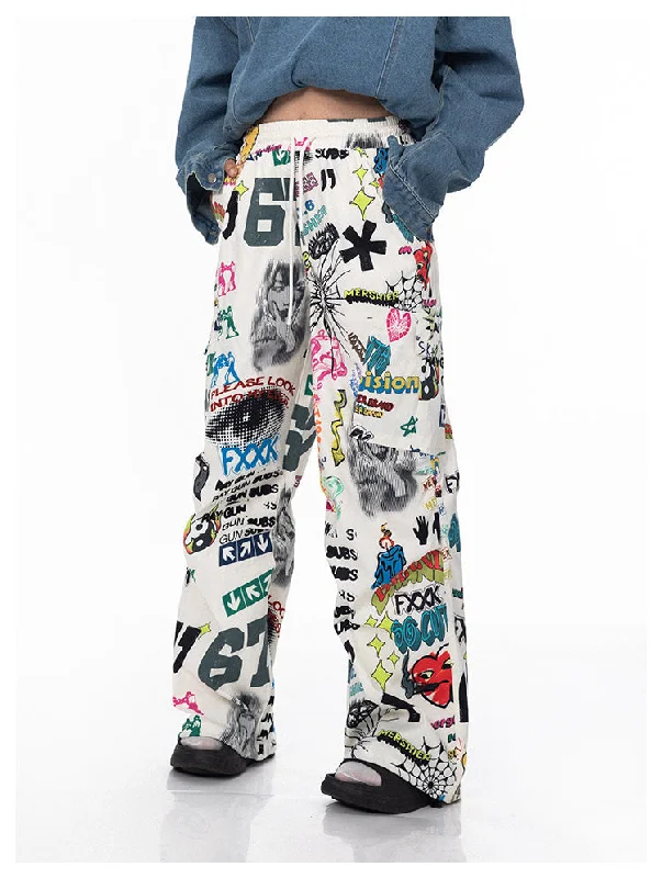 Hand-Painted Colorful Graffiti Wide Pants Formal Stretch Pants