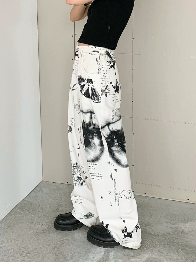 Patchwork Black & White Print Straight-Leg Pants Comfortable Denim Pants