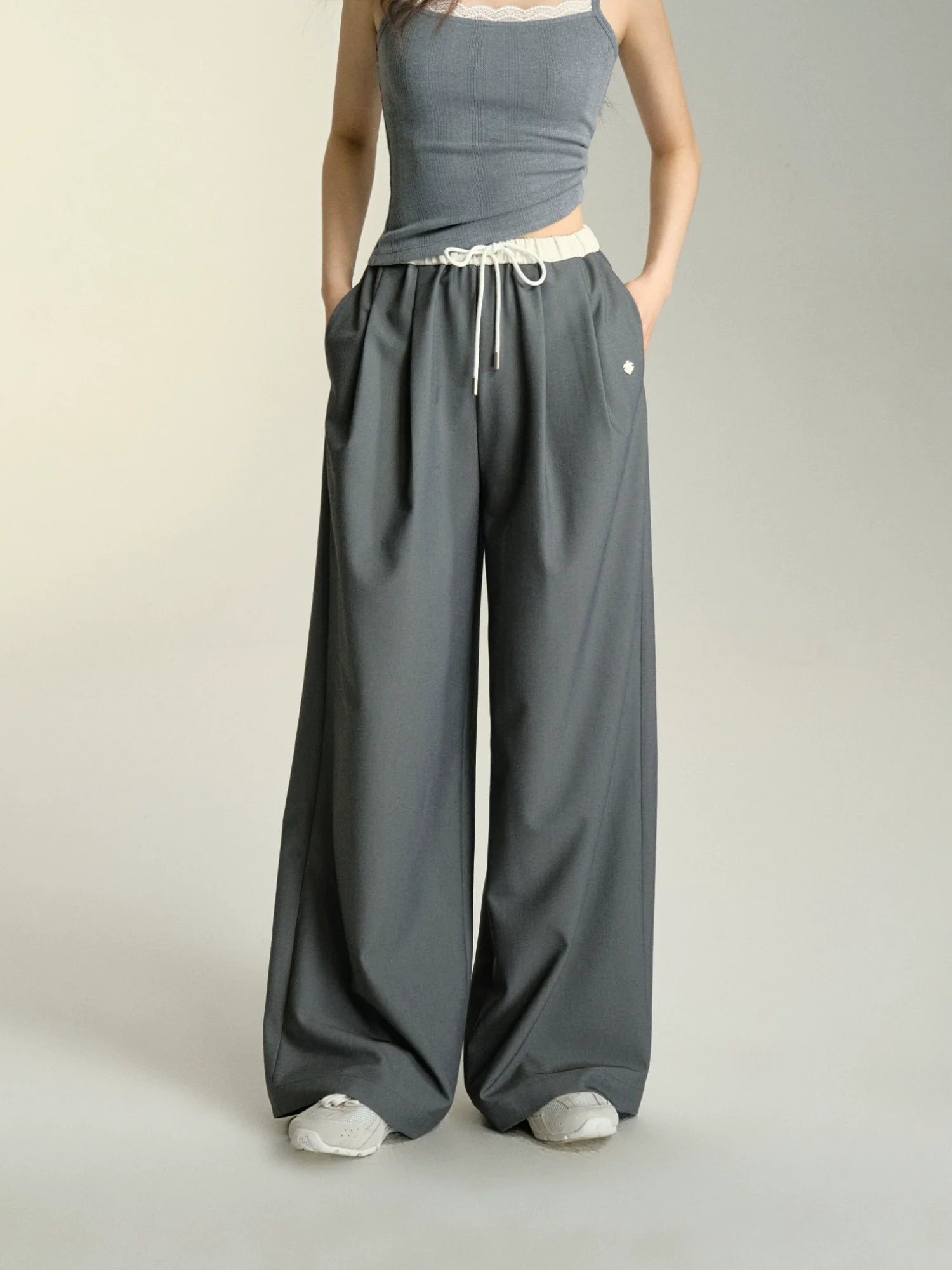 Relaxed Fit Drawstring Waist Wide Leg Pants Elegant High-Waist Pants