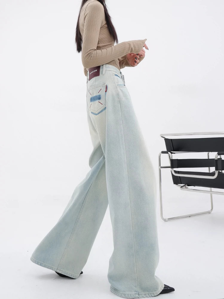 Light Blue Loose Straight Wide-Leg Denim Pants With Embroidery Design Chic Wool Trousers