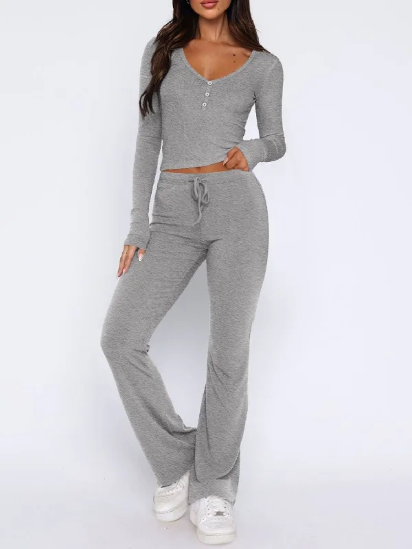 Fable Lounge Extra Cozy V-Neck Long Sleeve Top and Pants Set Comfy High-Waist Jeans