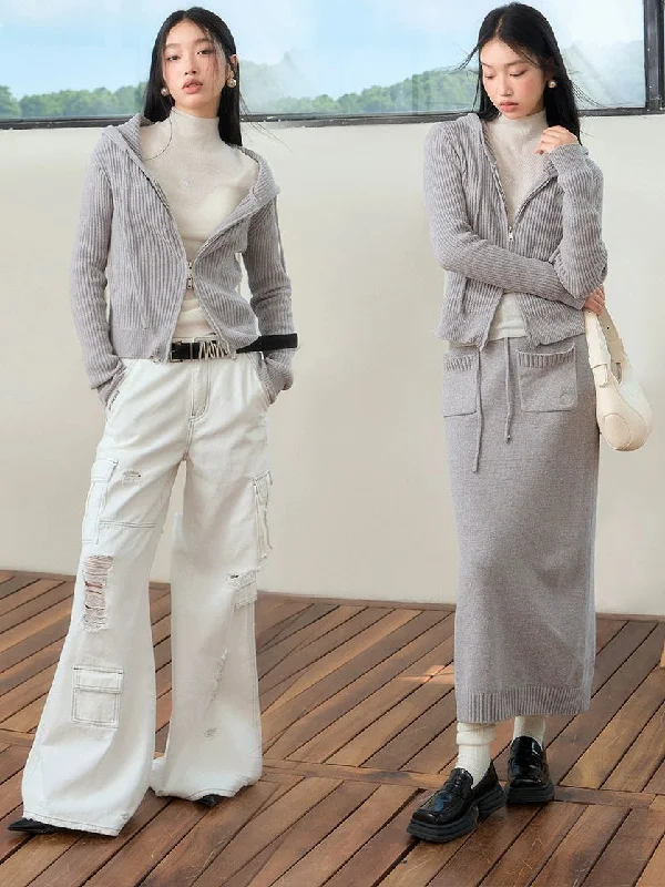 Relaxing Hooded Knitted Parka ＆ Skirt ＆ Pants Formal Dress Pants