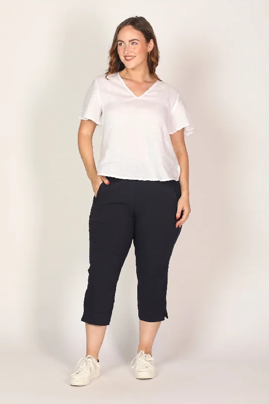 Petite Length Cropped Stretch Capri Pant in Navy Relaxed Casual Leggings