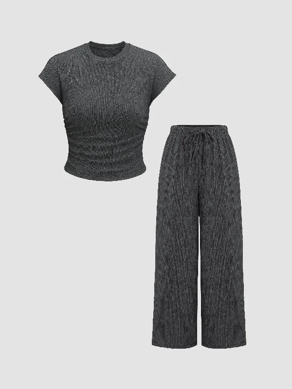 Textured Ruched Top & Pants Set Slim-Fit Leggings