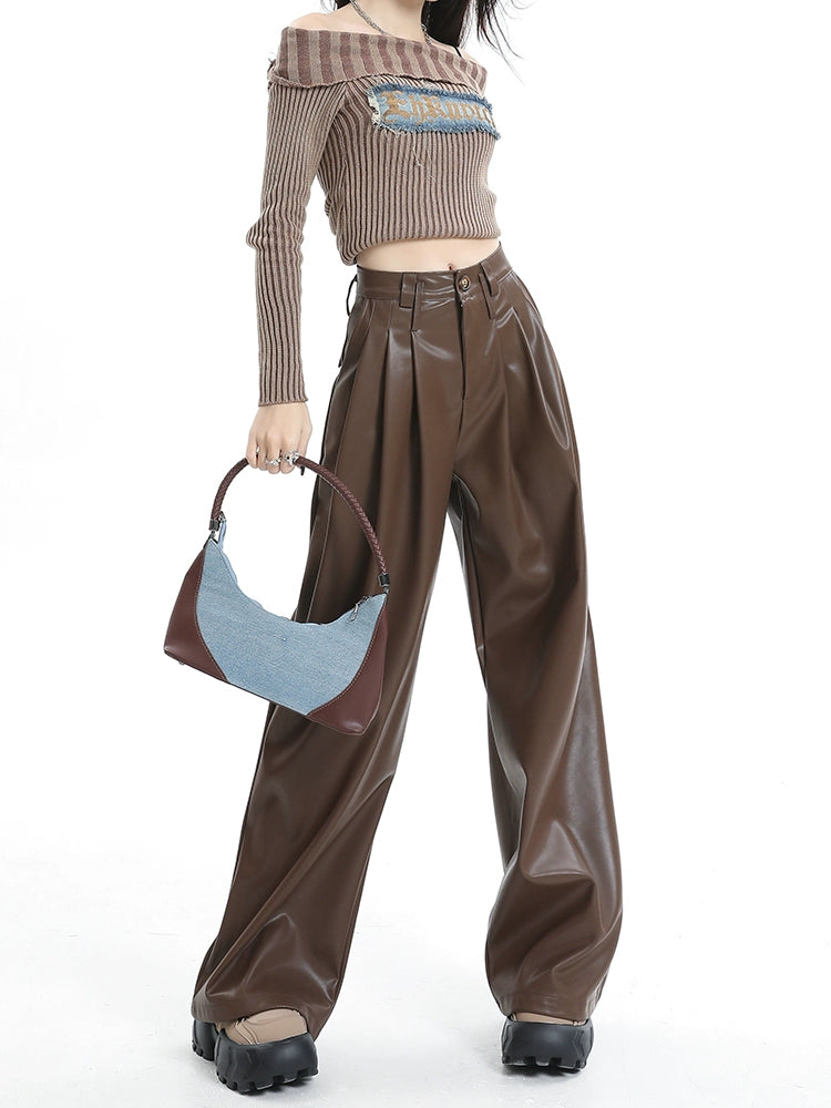 Coffee Wide-Leg Pu Leather Pants Elegant Dress Pants