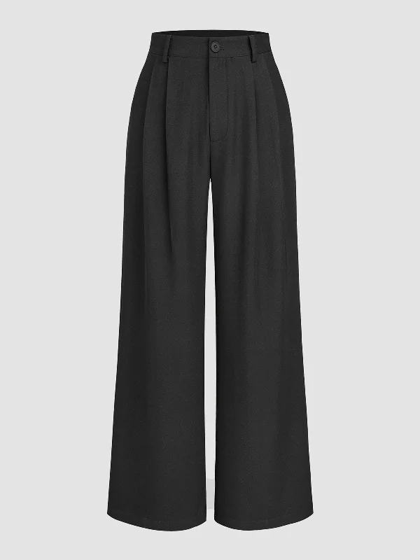 Solid Straight Wide-Leg Pants Comfy High-Waist Jeans