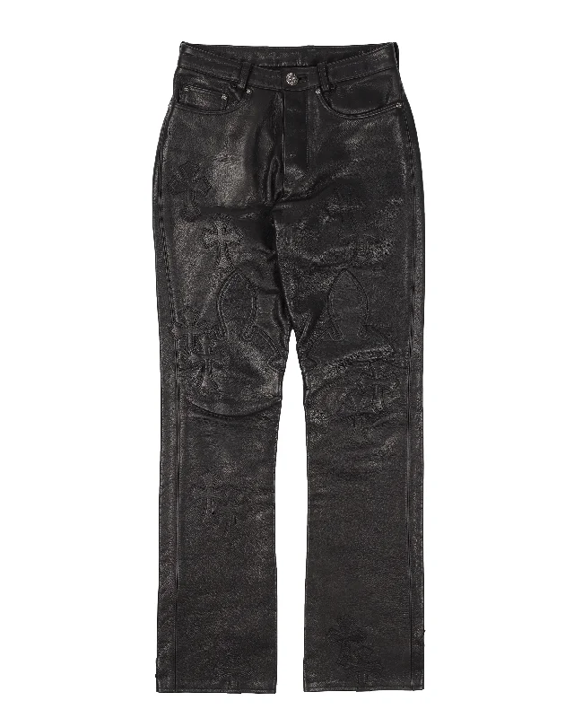 CEMETERY CROSS PATCH LEATHER PANTS Fashionable Button-Up Pants