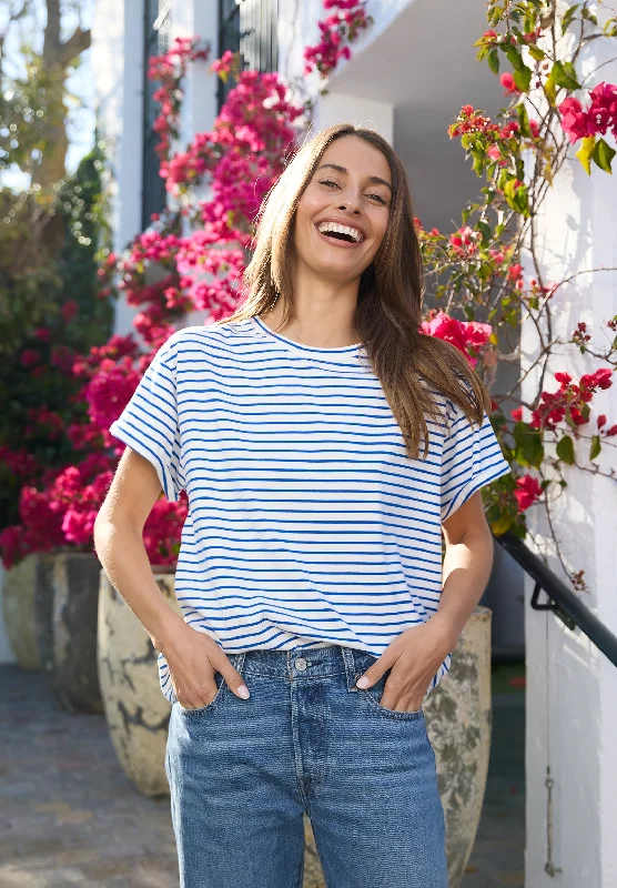 Francy Royal Blue Stripes Rolled Sleeve T-Shirt Cashmere Blend Cotton Blend Poly Blend