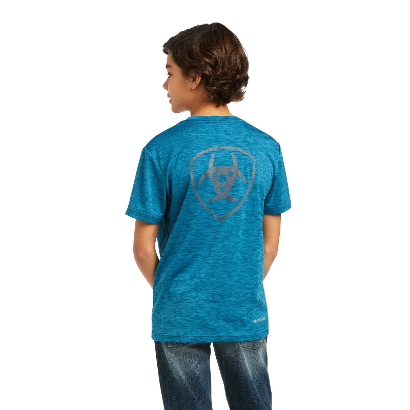 Ariat Boy's Charger Shield Short Sleeve Teal T-Shirt 10039586 Print Jacquard Patchwork