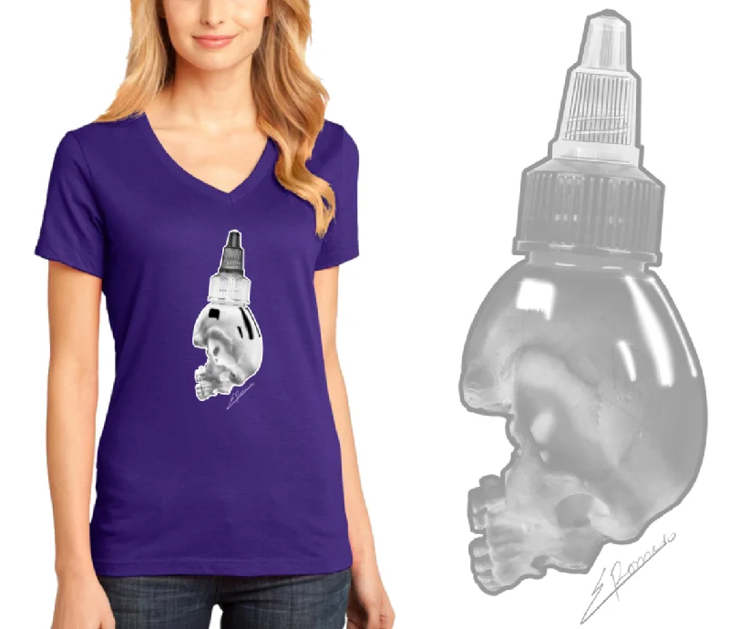 Art Society SKULL INK BOTTLE WOMENS V-NECK TEE PURPLE Basic T-Shirt Crew Neck Short Sleeve