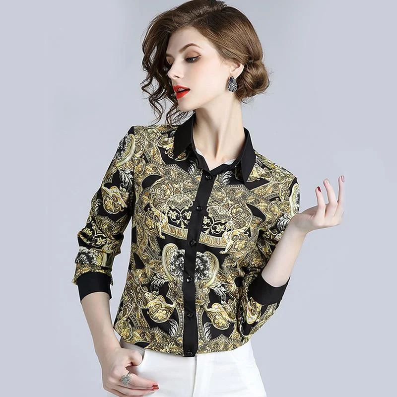 Black Floral Women Shirt Print Jacquard Patchwork