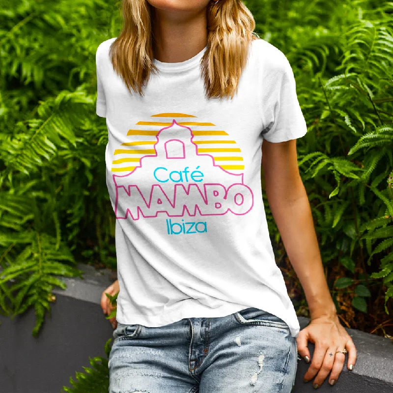 Cafe Mambo Ibiza Logo Women's White T-shirt NEW Hooded Caped Shawl Collar