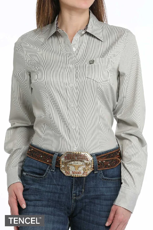 Women's Stripe Button-Down Western Shirt - Olive/White - (MSW9164233) Wool Fabric Cashmere Fabric Tweed Fabric