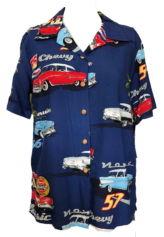 Classic Chevrolet Tri-5 Women's Hawaiian Camp Shirt Mesh Canvas Denim