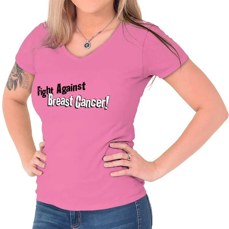 Breast Cancer Awareness Junior Fit V-Neck T Shirt Asymmetrical Pockets Print