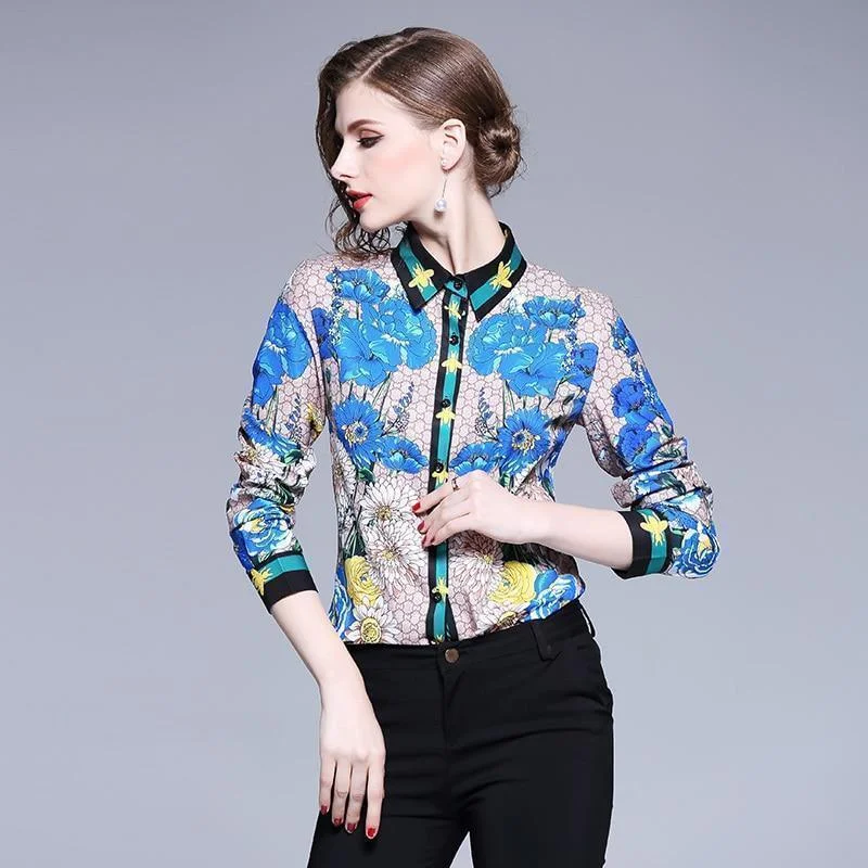 Floral Print Silk Shirt For Women Anti-Pilling Machine Wash Handmade