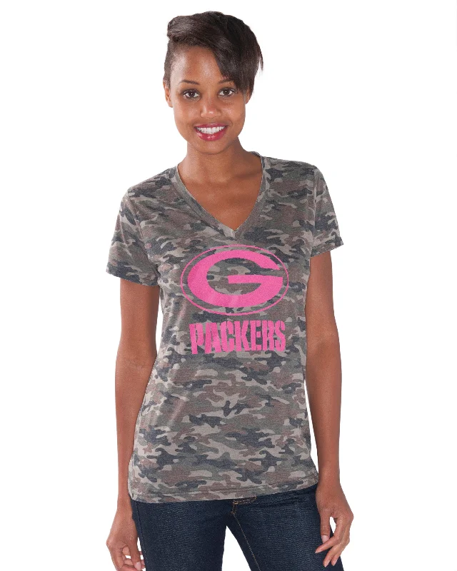 Green Bay Packers Brown Camo Women's V-Neck Tee Lace Blend Ribbed Blend Corduroy Blend