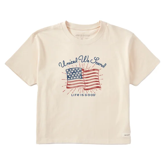 Life is Good. Women's Crafty United We Stand Heart Flag Boxy Crusher Tee, Putty White Mesh Blend Leather Blend Suede Blend