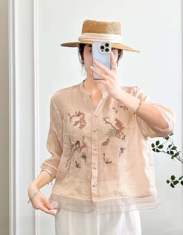 Linen Embroidery Mid-sleeve Shirt Handmade Hand-knitted Hand-woven