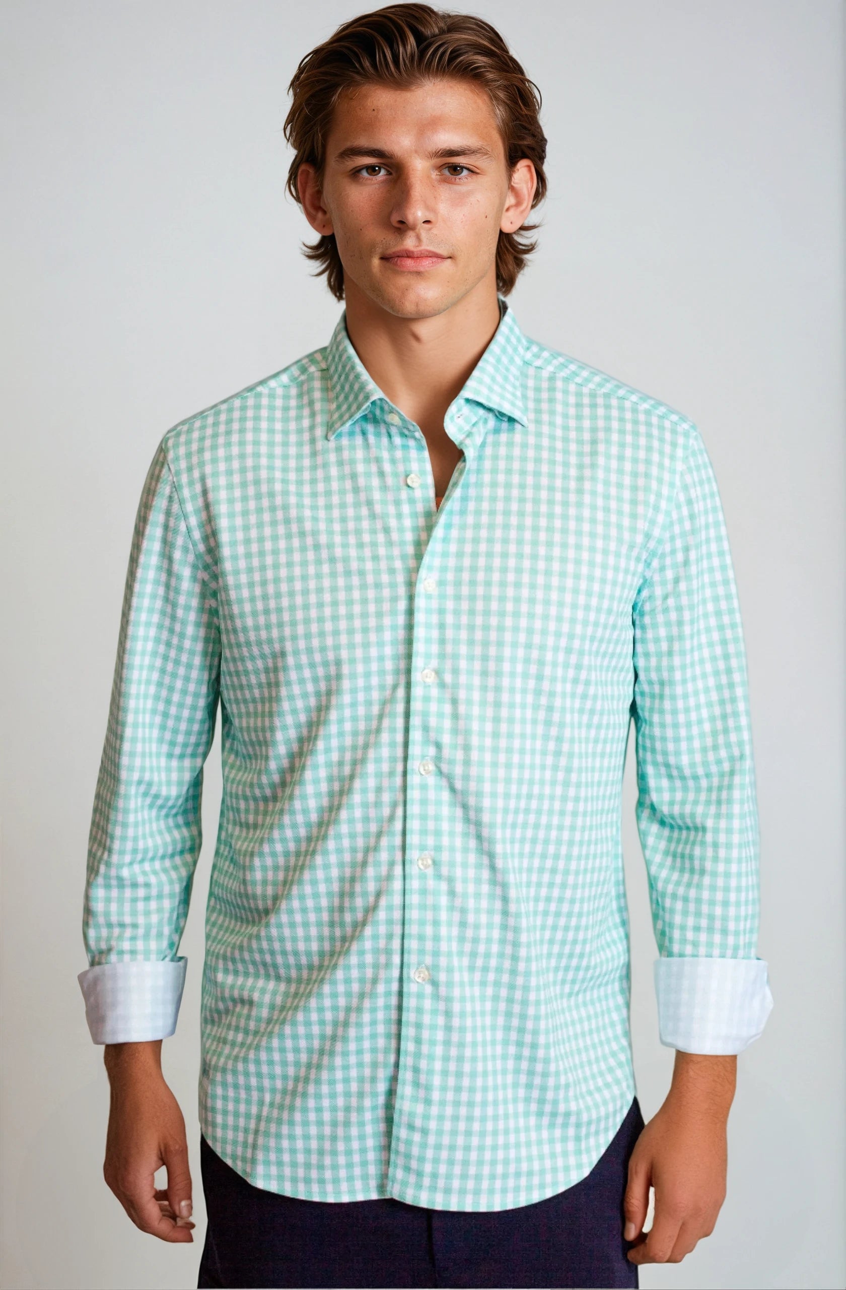 Mauro Long Sleeve Check Tech Shirt - Emerald Satin Fabric Silk Fabric Chiffon Fabric