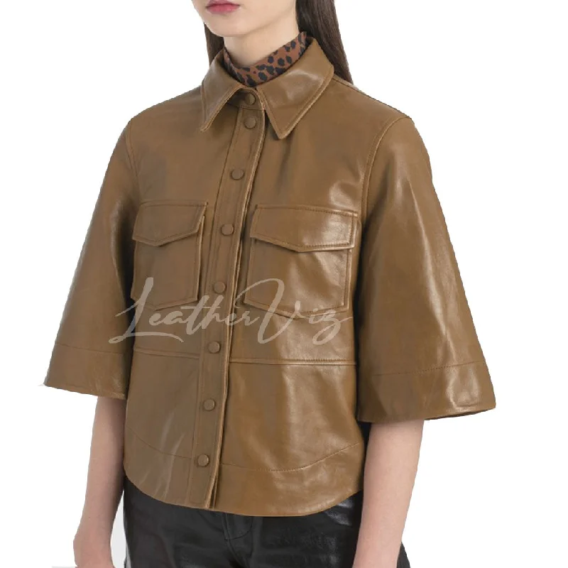 POINTED COLLAR WOMEN LEATHER SHIRT Rayon Fabric Velvet Fabric Corduroy Fabric