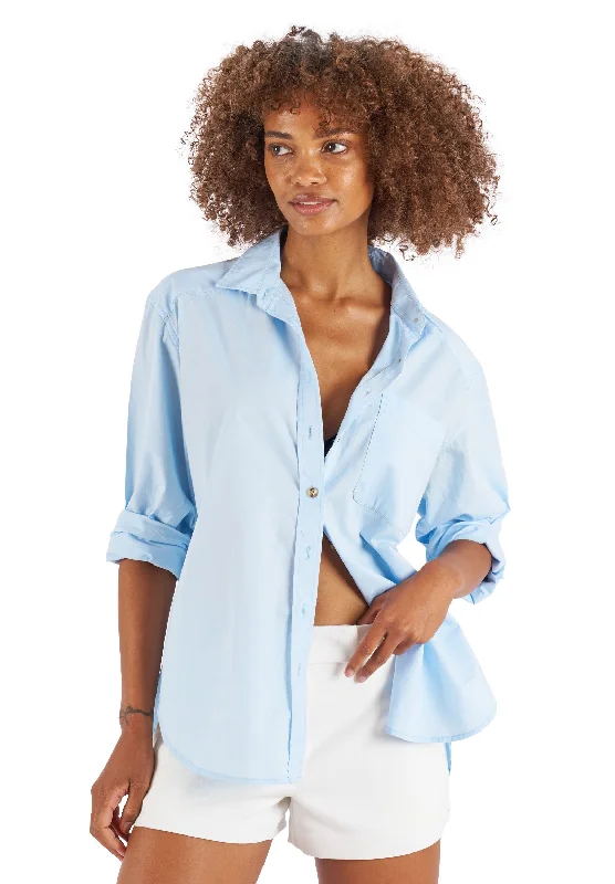 Poppy-Cotton Sky Blue Oversized Cotton Shirt Asymmetrical Pockets Print